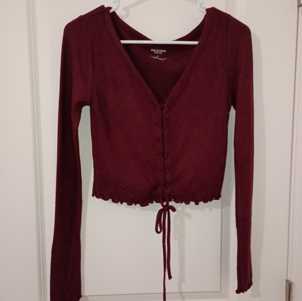 Arizona Jean Company Wine V-Neck Cropped Tie-Front Long Sleeve Top